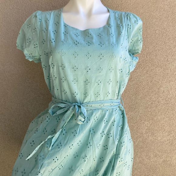 Mint Eyelet Crochet Fully Lined Belted Mini Dress - Picture 9 of 11